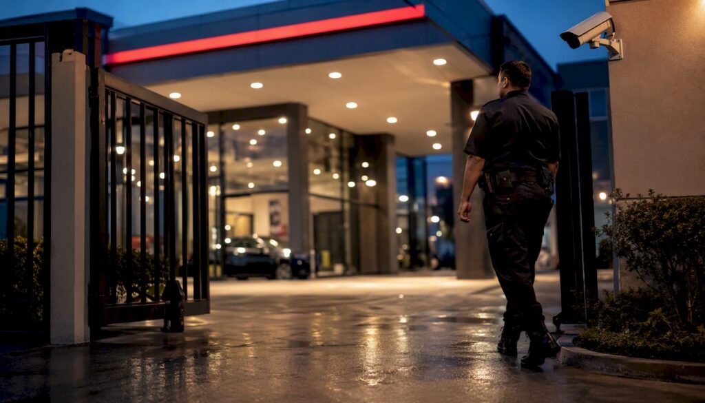 Security cameras and fencing at car dealership at night