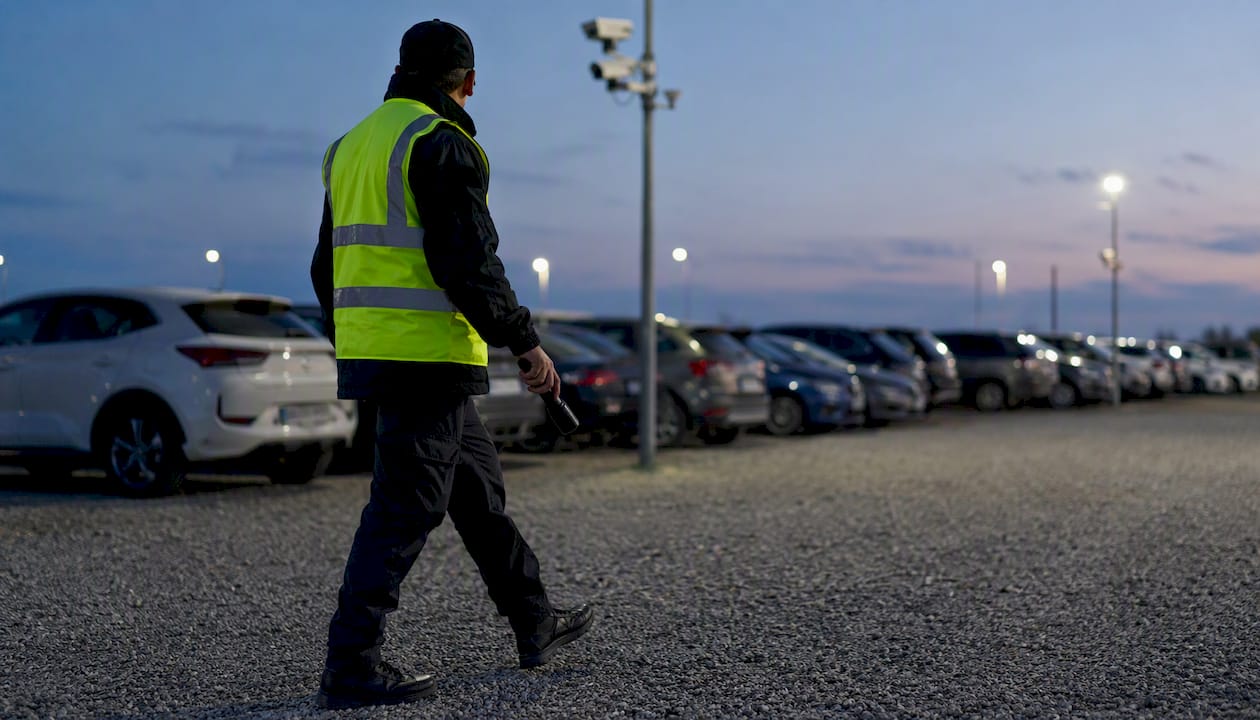 Security guard patrolling dealership lot at dusk
