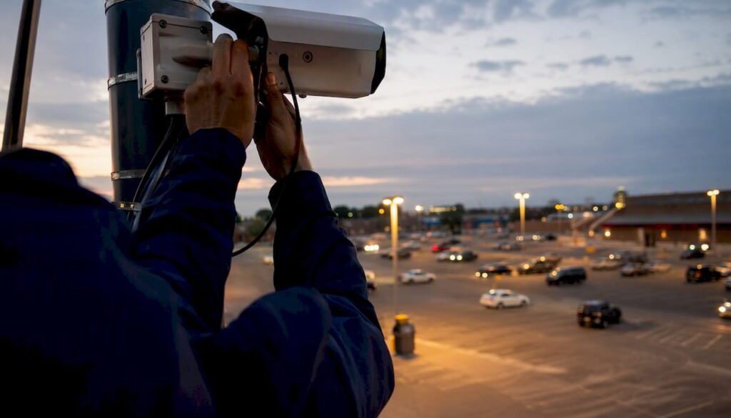 Technician adjusting parking lot security camera