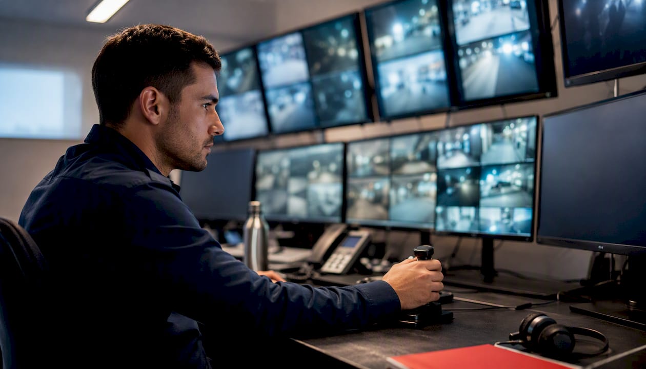 Security operator monitoring cameras in control room