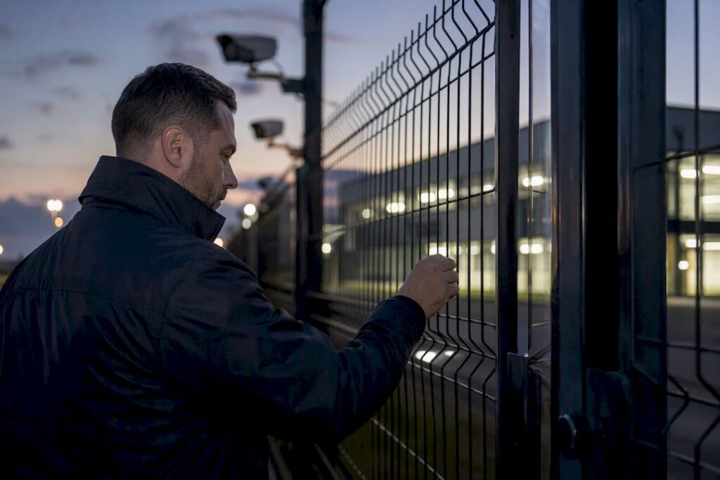Facility perimeter with security lighting at dusk
