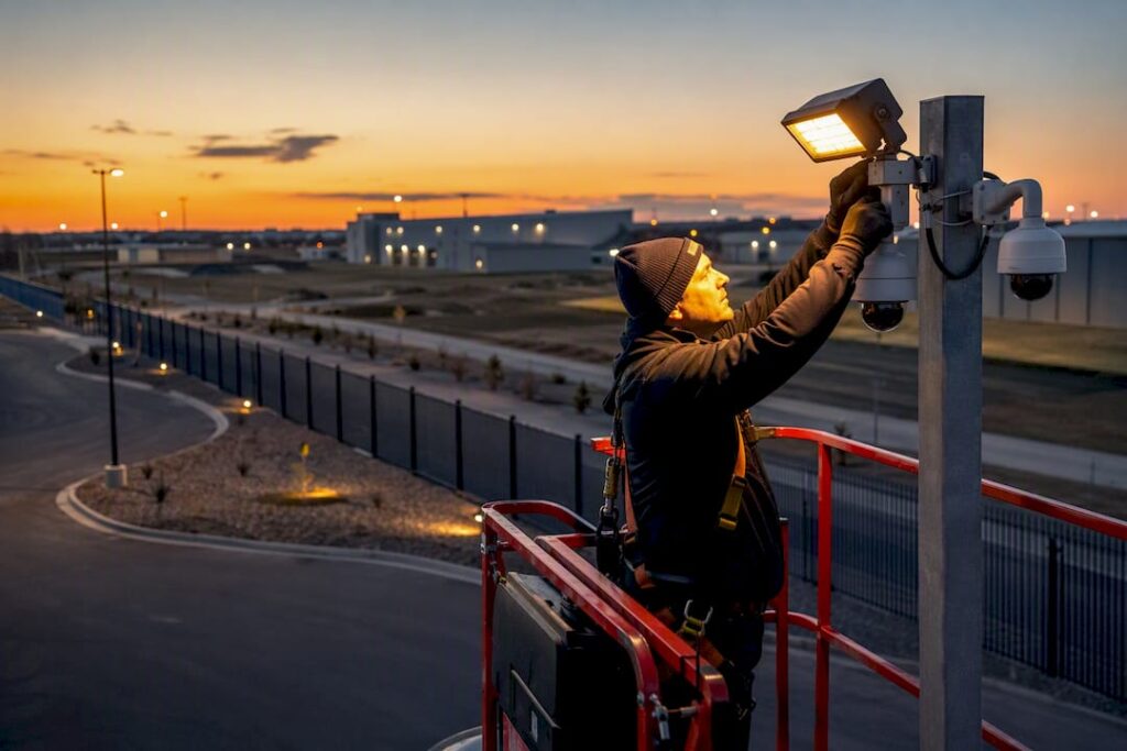 Technician adjusting perimeter security lighting outdoors