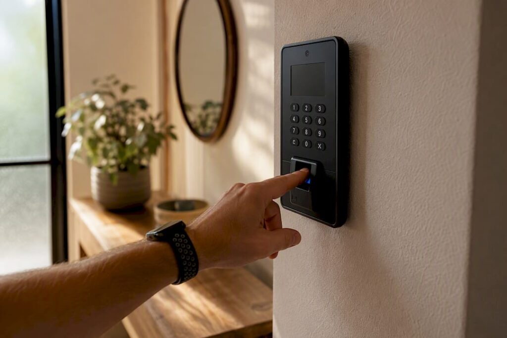 Hand entering code on security keypad