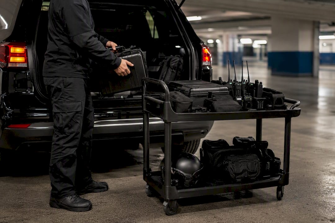 Security gear loaded into vehicle trunk