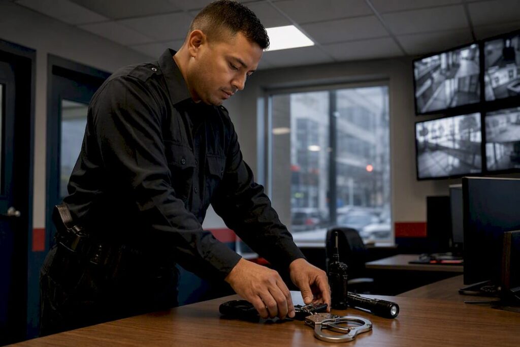 Security guard preparing patrol equipment