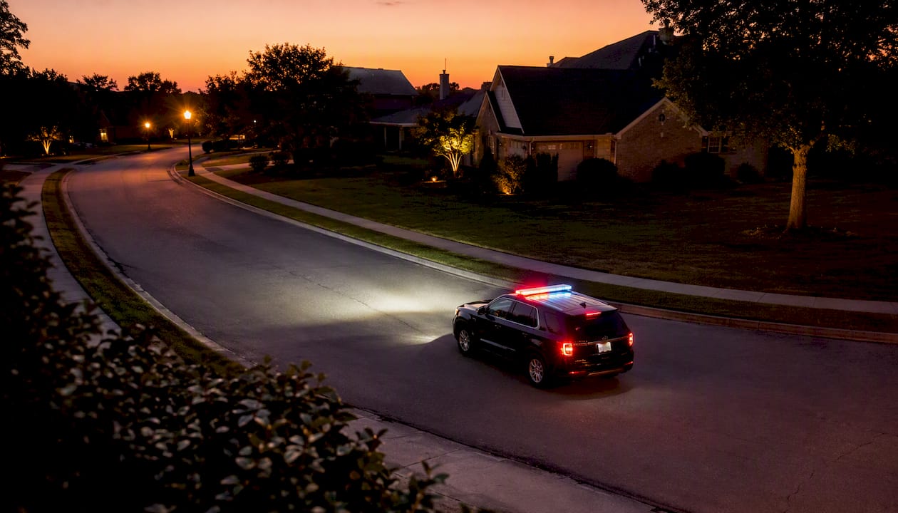 Mobile security patrol vehicle moving at dusk