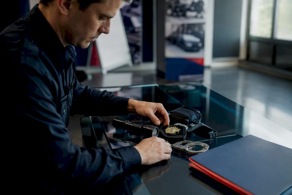 Security guard organizing training equipment