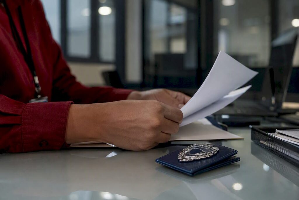 Close-up of security guard badge and paperwork