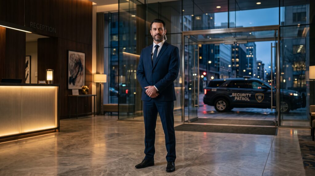 Professional security officer in a modern commercial building lobby with a marked Global Security patrol vehicle outside at dusk