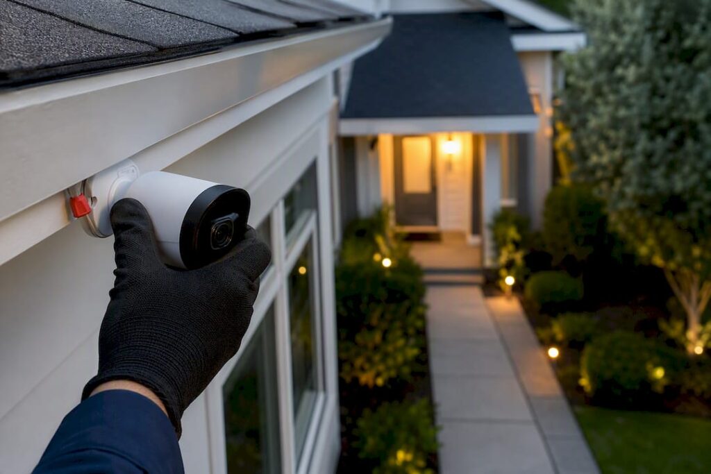 Technician adjusting residential CCTV camera