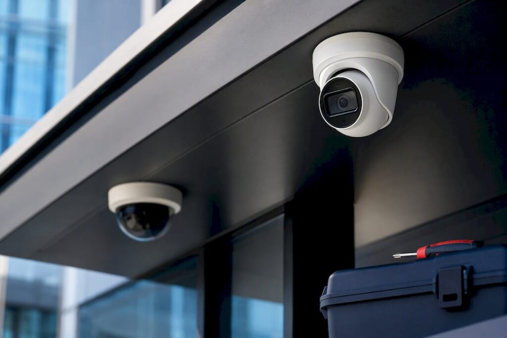 Turret and dome cameras beneath commercial overhang