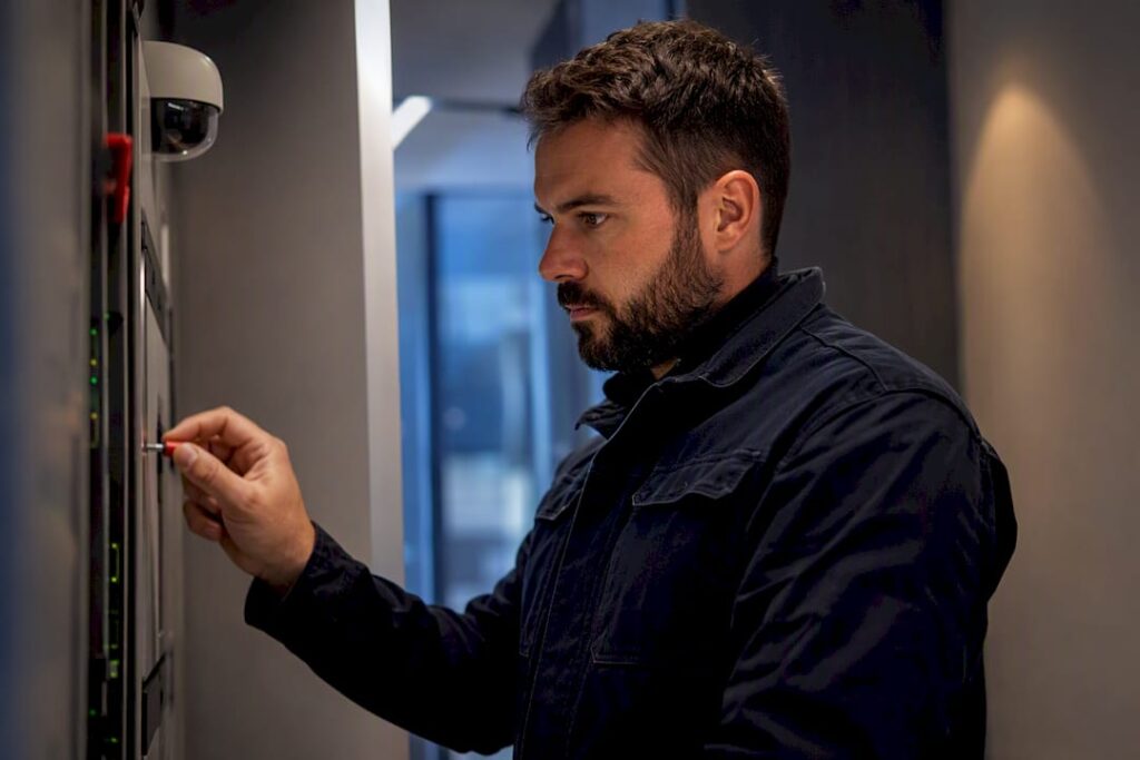 Technician testing access control integration equipment