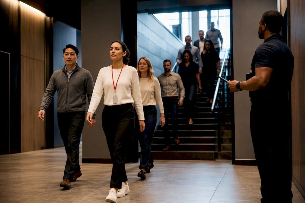 Employees practicing an emergency response drill