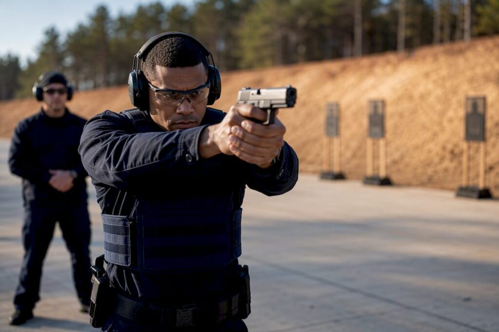 Armed guard completing firearms qualification