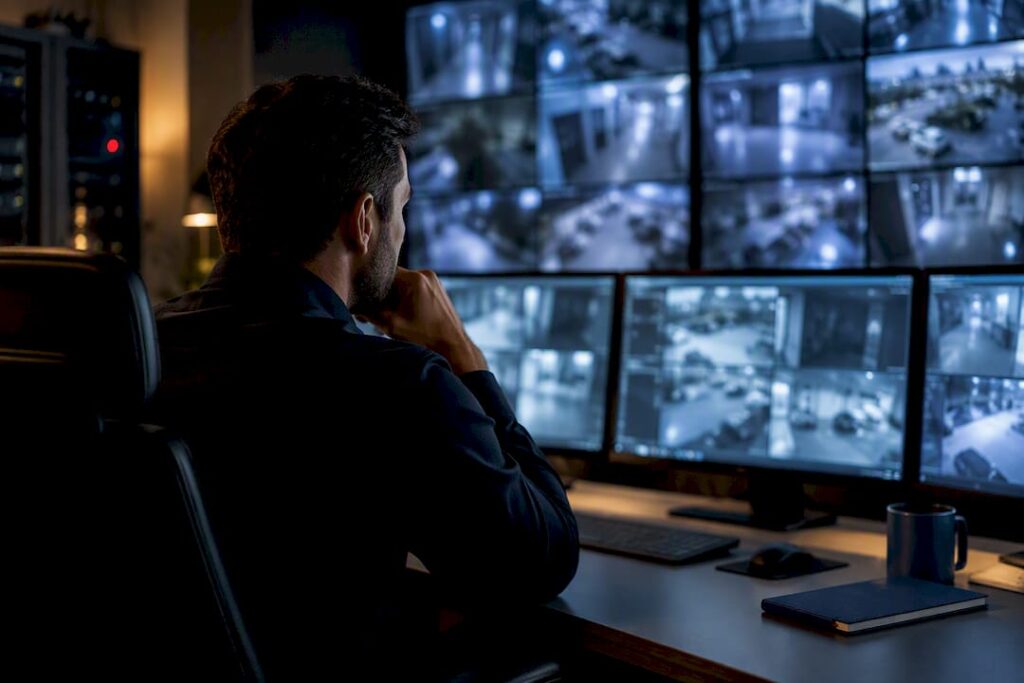 Operator reviewing multi-site security camera feeds