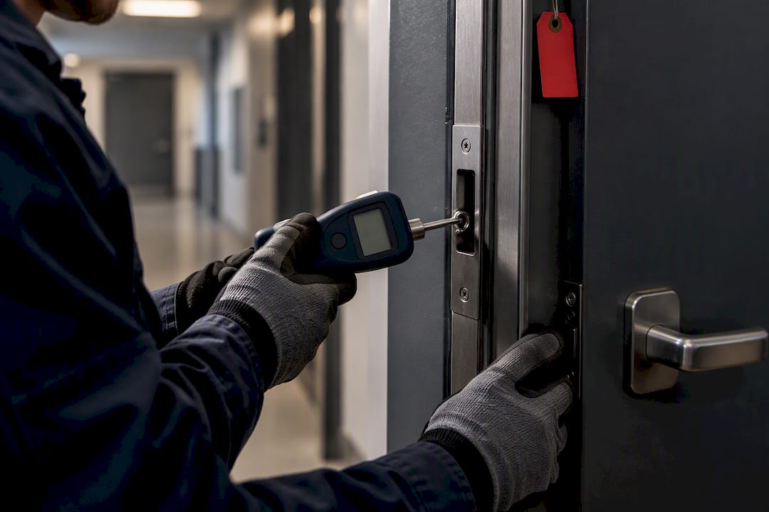 Technician testing commercial door lock alignment