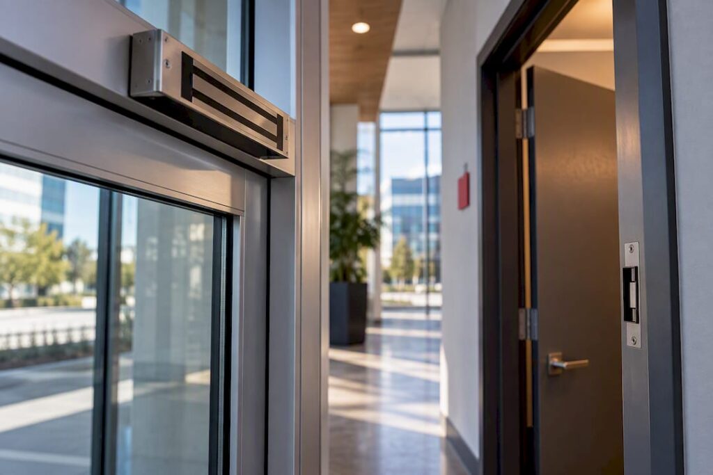 Commercial doors showing access lock hardware