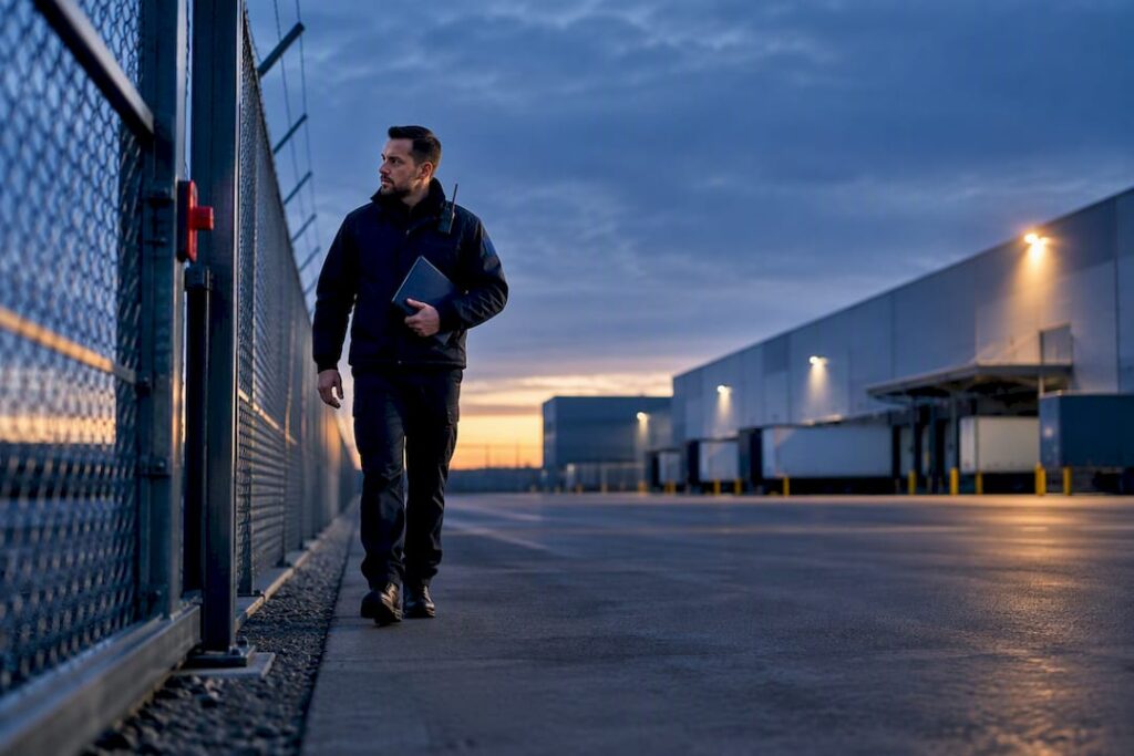 Security professional inspecting warehouse perimeter fence