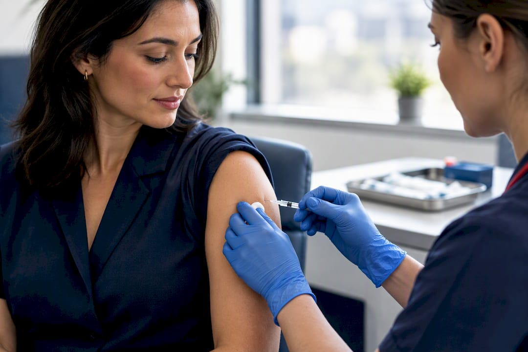 Clinician administering business travel vaccination