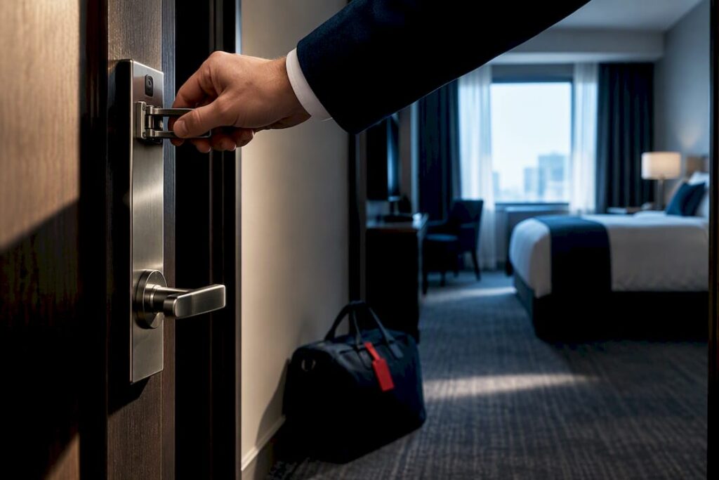 Traveler testing hotel room secondary lock