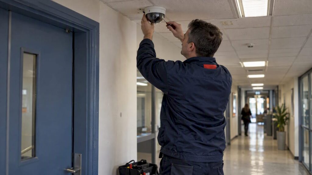 Technician inspecting a CCTV camera