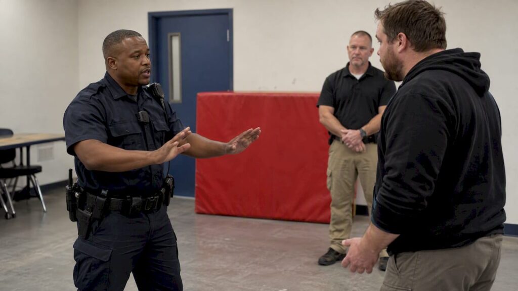 Officer practicing verbal de-escalation during training