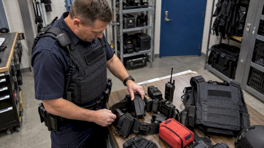 Officer reviewing duty gear on a table