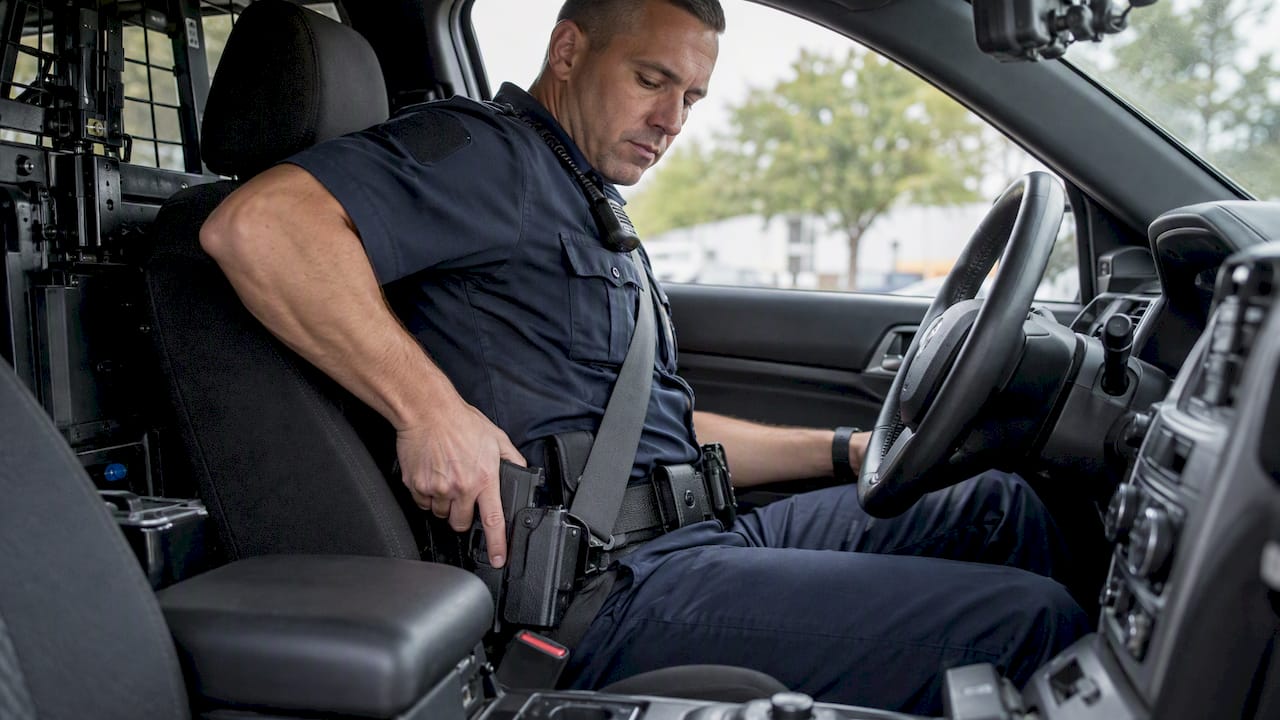 Officer checking holster access while seated