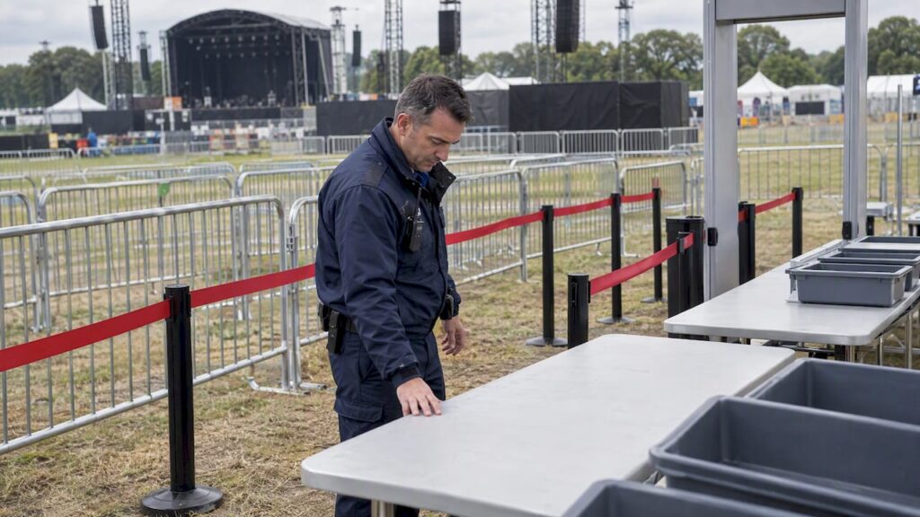 Officer checks festival screening lane before opening