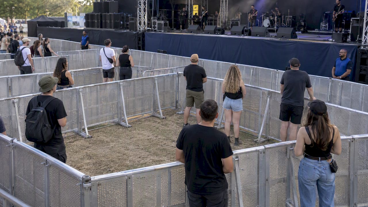 Festival barriers divide clear stage viewing areas