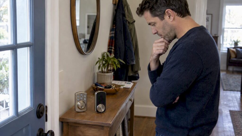 Homeowner comparing two electronic door locks