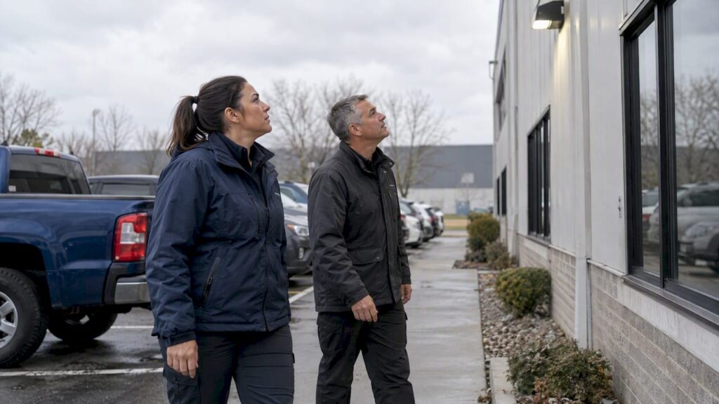 Security assessors inspect business exterior lighting