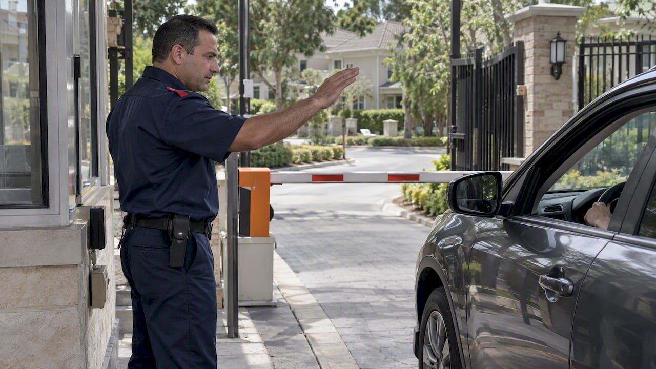 Gate officer guiding a visitor vehicle through
